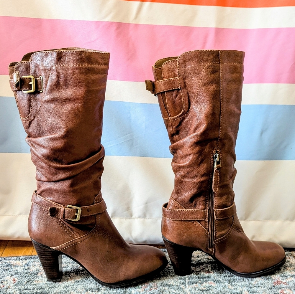 Guess Magy Brown Leather Scrunch Boots Buckled Heeled Western Rustic Fall Y2K 8 - Picture 5 of 11
